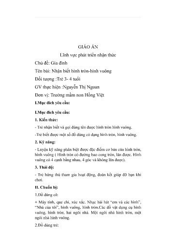 Giáo án Chủ đề: Gia đình - Bài: Nhận biết hình tròn-hình vuông