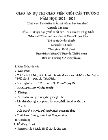 Giáo án Chủ đề: Gia đình - Đề tài: Hát vận động “Bố là tất cả” - Của nhạc sĩ Thập Nhất - Nghe hát “Cho con” của nhạc sĩ Phạm Trọng Cầu