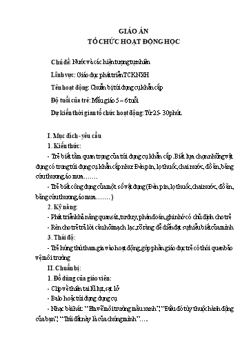 Giáo án Chủ đề: Nước và các hiện tượng tự nhiên - Lĩnh vực: Giáo dục phát triển TCKNXH - Tên hoạt động: Chuẩn bị túi dụng cụ khẩn cấp