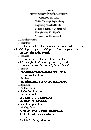Giáo án Chủ đề: Phương tiện giao thông - Hoạt động: Nhận biết to, nhỏ