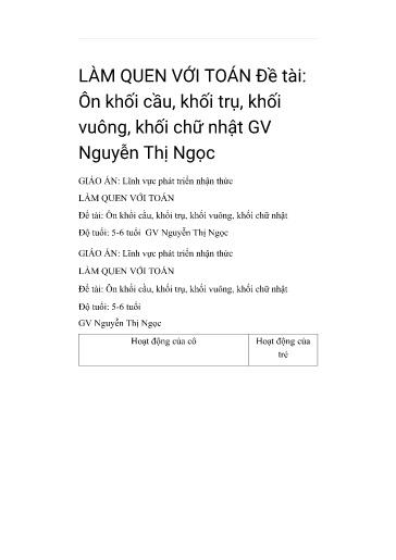 Giáo án Làm quen với toán - Đề tài: Ôn khối cầu, khối trụ, khối vuông, khối chữ nhật