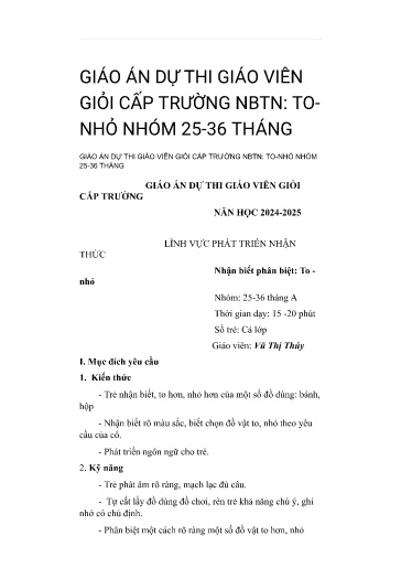 Giáo án Lĩnh vực phát triển nhận thức - Nhận biết phân biệt: To, nhỏ