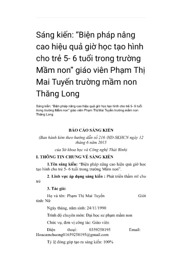 SKKN Biện pháp nâng cao hiệu quả giờ học tạo hình cho trẻ 5 - 6 tuổi trong trường Mầm non