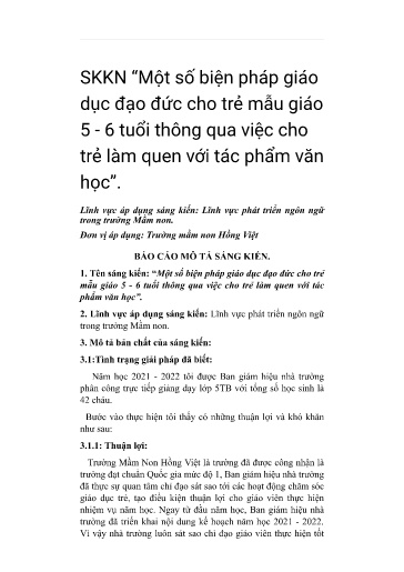 SKKN Một số biện pháp giáo dục đạo đức cho trẻ mẫu giáo 5 - 6 tuổi thông qua việc cho trẻ làm quen với tác phẩm văn học