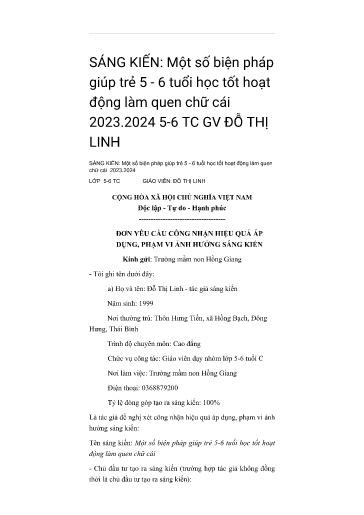 SKKN Một số biện pháp giúp trẻ 5 - 6 tuổi học tốt hoạt động làm quen chữ cái