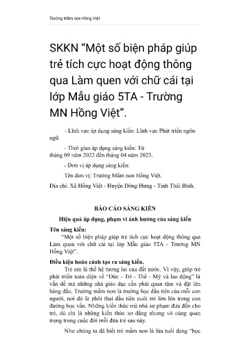 SKKN Một số biện pháp giúp trẻ tích cực hoạt động thông qua Làm quen với chữ cái tại lớp Mẫu giáo 5TA - Trường MN Hồng Việt