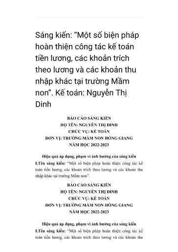 SKKN Một số biện pháp hoàn thiện công tác kế toán tiền lương, các khoản trích theo lương và các khoản thu nhập khác tại trường Mầm non