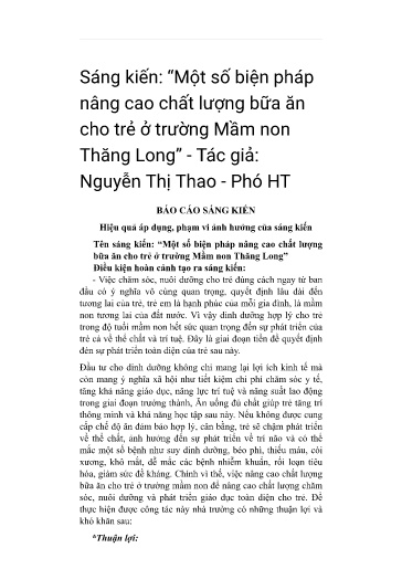 SKKN Một số biện pháp nâng cao chất lượng bữa ăn cho trẻ ở trường Mầm non Thăng Long