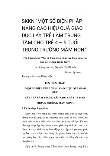 SKKN Một số biện pháp nâng cao hiệu quả giáo dục lấy trẻ làm trung tâm cho trẻ 4 – 5 tuổi trong trường mầm non
