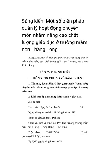 SKKN Một số biện pháp quản lý hoạt động chuyên môn nhằm nâng cao chất lượng giáo dục ở trường mầm non Thăng Long