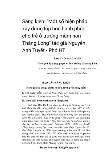 SKKN Một số biện pháp xây dựng lớp học hạnh phúc cho trẻ ở trường mầm non Thăng Long