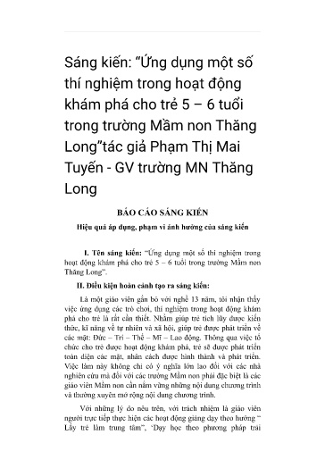 SKKN Ứng dụng một số thí nghiệm trong hoạt động khám phá cho trẻ 5 – 6 tuổi trong trường Mầm non Thăng Long