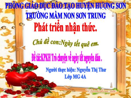 Bài giảng Mầm non Lớp Chồi - Chủ đề con: Ngày tết quê em. Đề tài: Khám phá khoa học Trò chuyện về ngày tết nguyên đán. Lĩnh vực: Phát triển nhận thức - Năm học 2022-2023 - Nguyễn Thị Thư