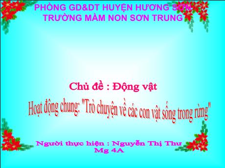 Bài giảng Mầm non Lớp Chồi - Chủ đề: Động vật. Hoạt động chung: Trò chuyện về các con vật sống trong rừng - Năm học 2024-2025 - Nguyễn Thị Thư