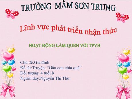Bài giảng Mầm non Lớp Chồi - Chủ đề: Gia đình. Đề tài: Truyện “Gấu con chia quà”. Lĩnh vực: Phát triển nhận thức - Năm học 2023-2024 - Nguyễn Thị Thư