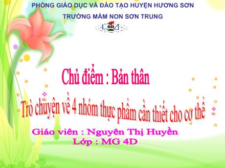 Bài giảng Mầm non Lớp Chồi - Chủ điểm: Bản thân. Đề tài: Trò chuyện về 4 nhóm thực phẩm cần thiết cho cơ thể - Năm học 2021-2022 - Nguyễn Thị Huyền