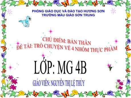 Bài giảng Mầm non Lớp Chồi - Chủ điểm: Bản thân. Đề tài: Trò chuyện về 4 nhóm thực phẩm - Năm học 2022-2023 - Nguyễn Thị Lệ Thủy