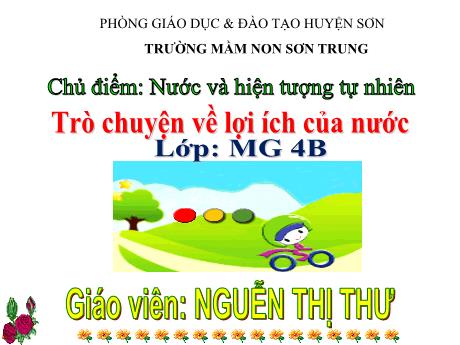 Bài giảng Mầm non Lớp Chồi - Chủ điểm: Nước và hiện tượng tự nhiên. Đề tài: Trò chuyện về lợi ích của nước - Năm học 2023-2024 - Nguyễn Thị Thư