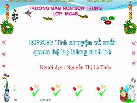 Bài giảng Mầm non Lớp Chồi - Đề tài: Trò chuyện về mối quan hệ họ hàng nhà bé. Hoạt động: Khám phá xã hội - Năm học 2021-2022 - Nguyễn Thị Lệ Thủy