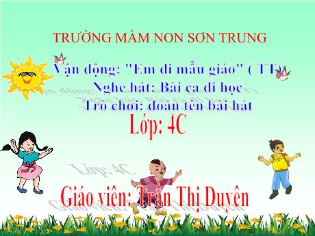 Bài giảng Mầm non Lớp Chồi - Đề tài: Vận động Em đi mẫu giáo (Tiếp theo). Nghe hát: Bài ca đi học. Trò chơi: Đoán tên bài hát - Năm học 2024-2025 - Trần Thị Duyên