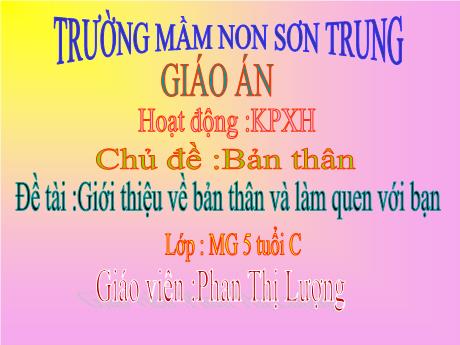 Bài giảng Mầm non Lớp Lá - Chủ đề: Bản thân. Đề tài: Giới thiệu về bản thân và làm quen với bạn. Hoạt động: Khám phá xã hội - Năm học 2022-2023 - Phan Thị Lượng