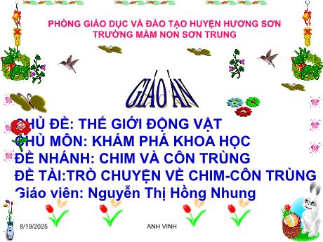 Bài giảng Mầm non Lớp Nhà trẻ - Chủ đề: Thế giới động vật. Chủ đề nhánh: Chim và côn trùng. Đề tài: Trò chuyện về chim-côn trùng - Năm học 2024-2025 - Nguyễn Thị Hồng Nhung